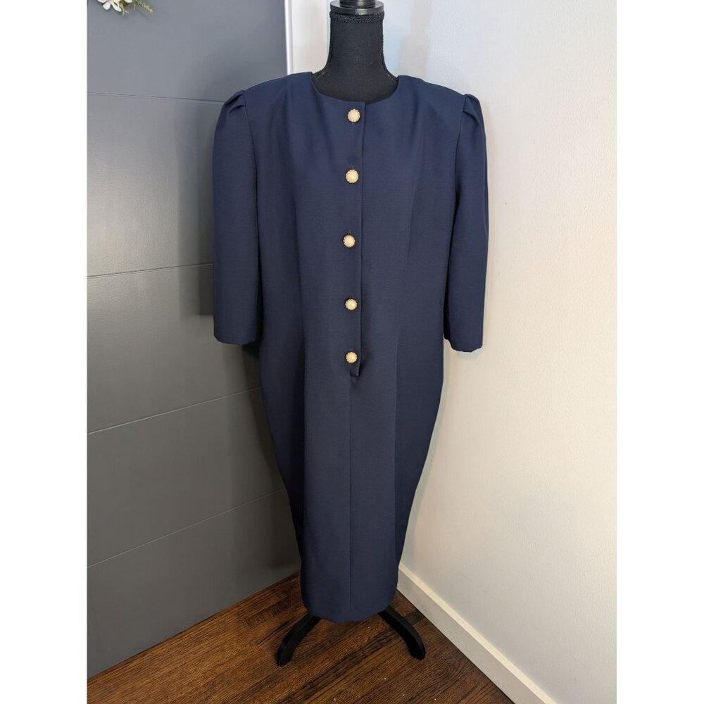 Vintage Risa Ann Navy Blue Dress With Gold Button Accents -‎ 16W - Made In USA
